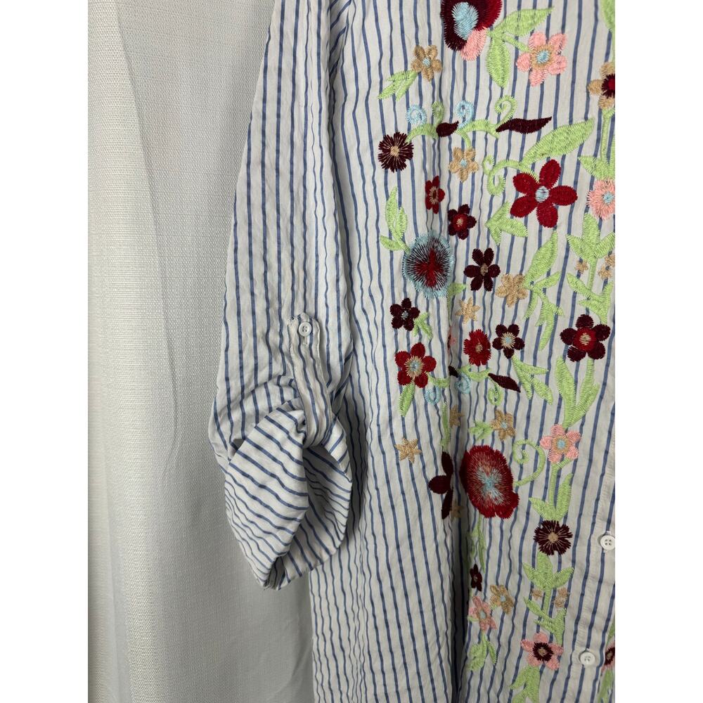 Layerz Embroidered Floral Stripe Shirt Dress Cottagecore Boho Oversized - Picture 4 of 7